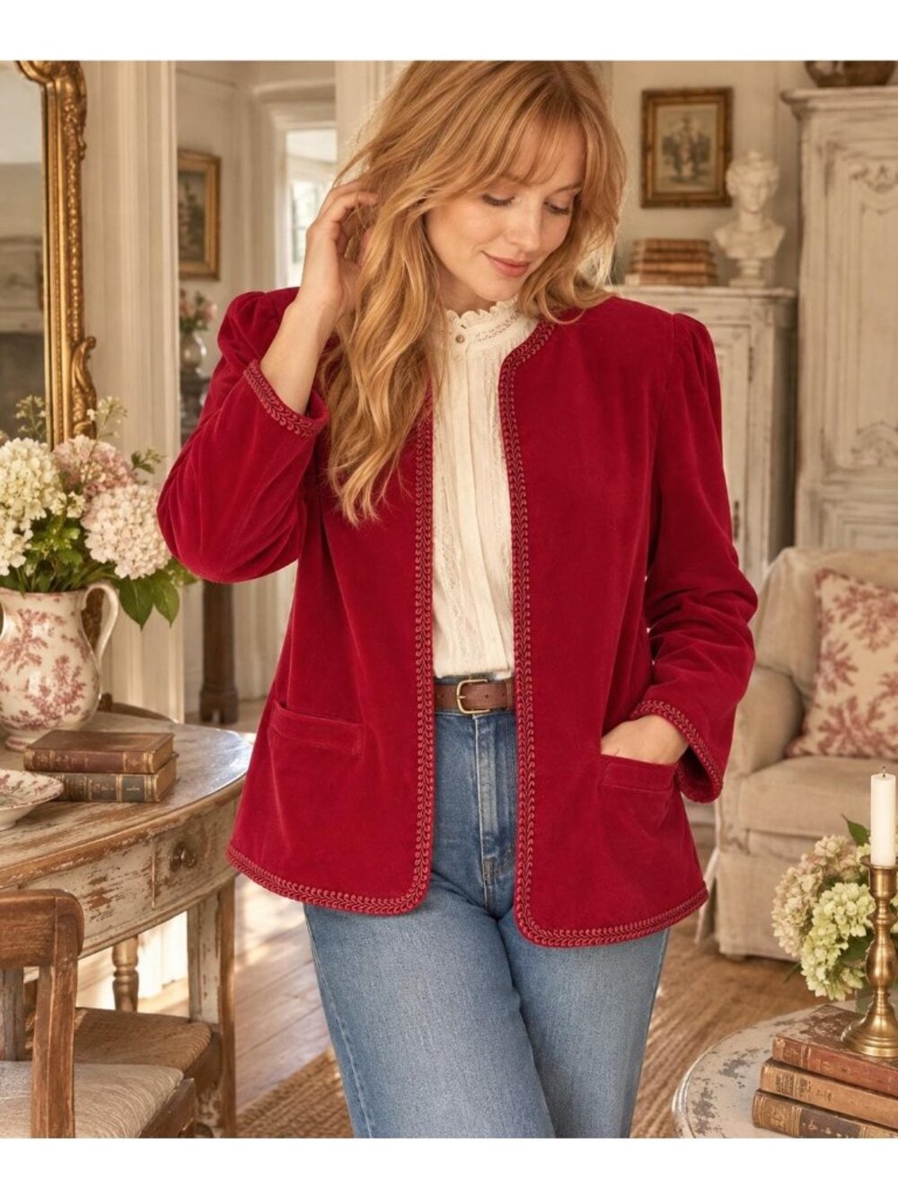 Vintage Red Velvet Blazer Size L | 80s Red Velvet Jacket | Braided Trim Puff